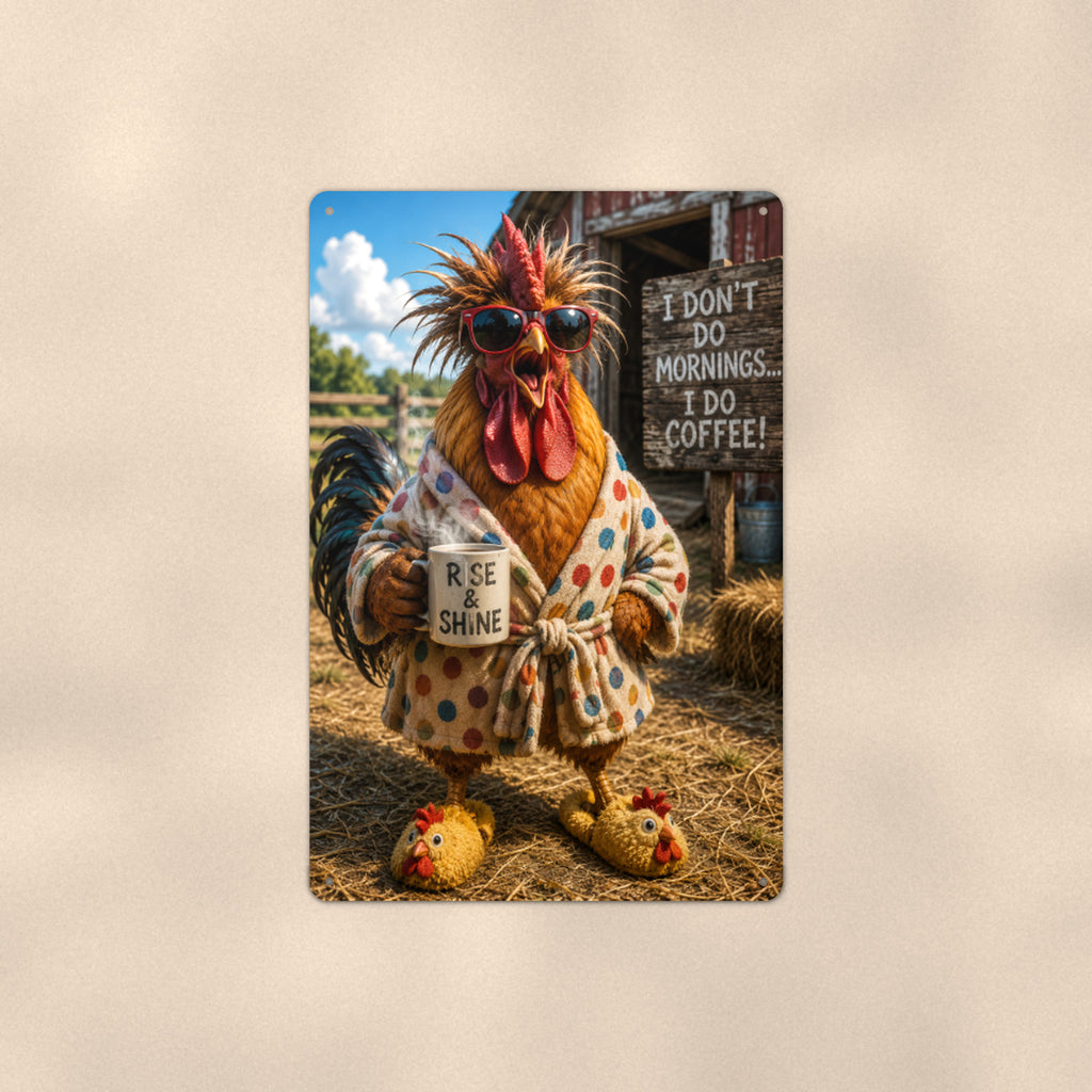I Don't Do Mornings Rooster aluminum metal sign 8" x 12" - front view on warm wall