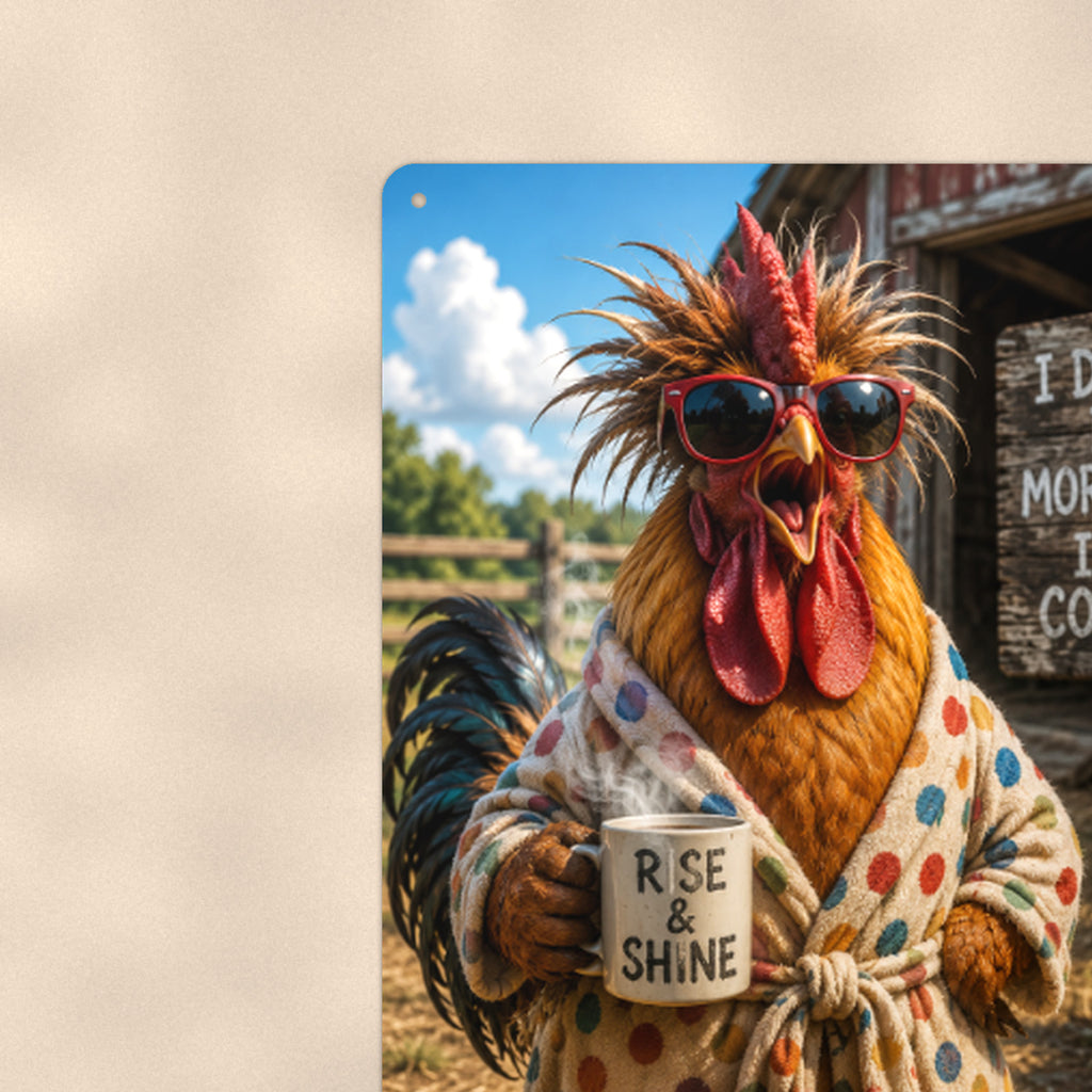 I Don't Do Mornings Rooster aluminum metal sign 8" x 12" - close-up view of the printed artwork