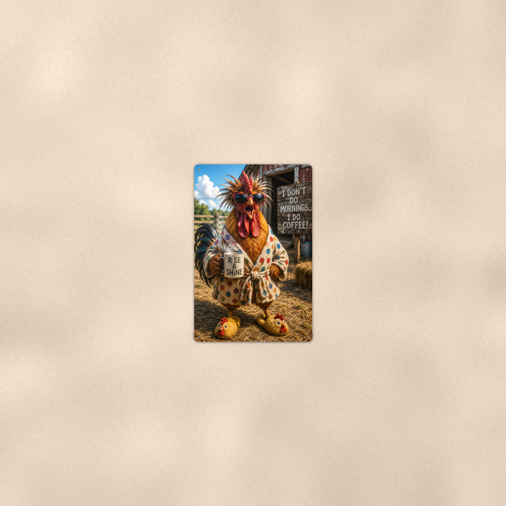 I Don't Do Mornings Rooster aluminum metal sign 8" x 12" - room view on warm wall