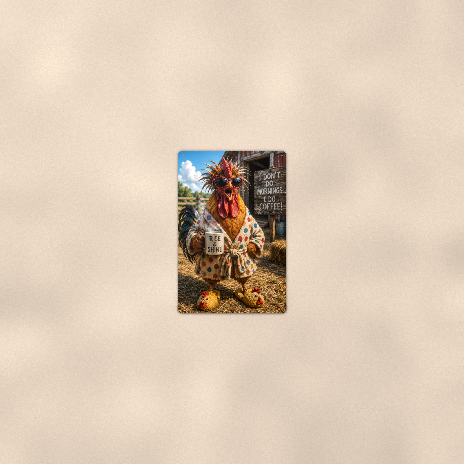 I Don't Do Mornings Rooster aluminum metal sign 8" x 12" - room view on warm wall