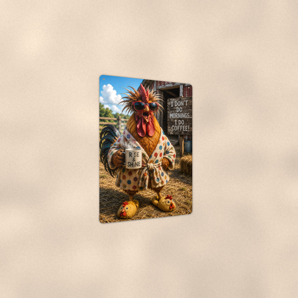 I Don't Do Mornings Rooster aluminum metal sign 8" x 12" - angled view showing glossy finish