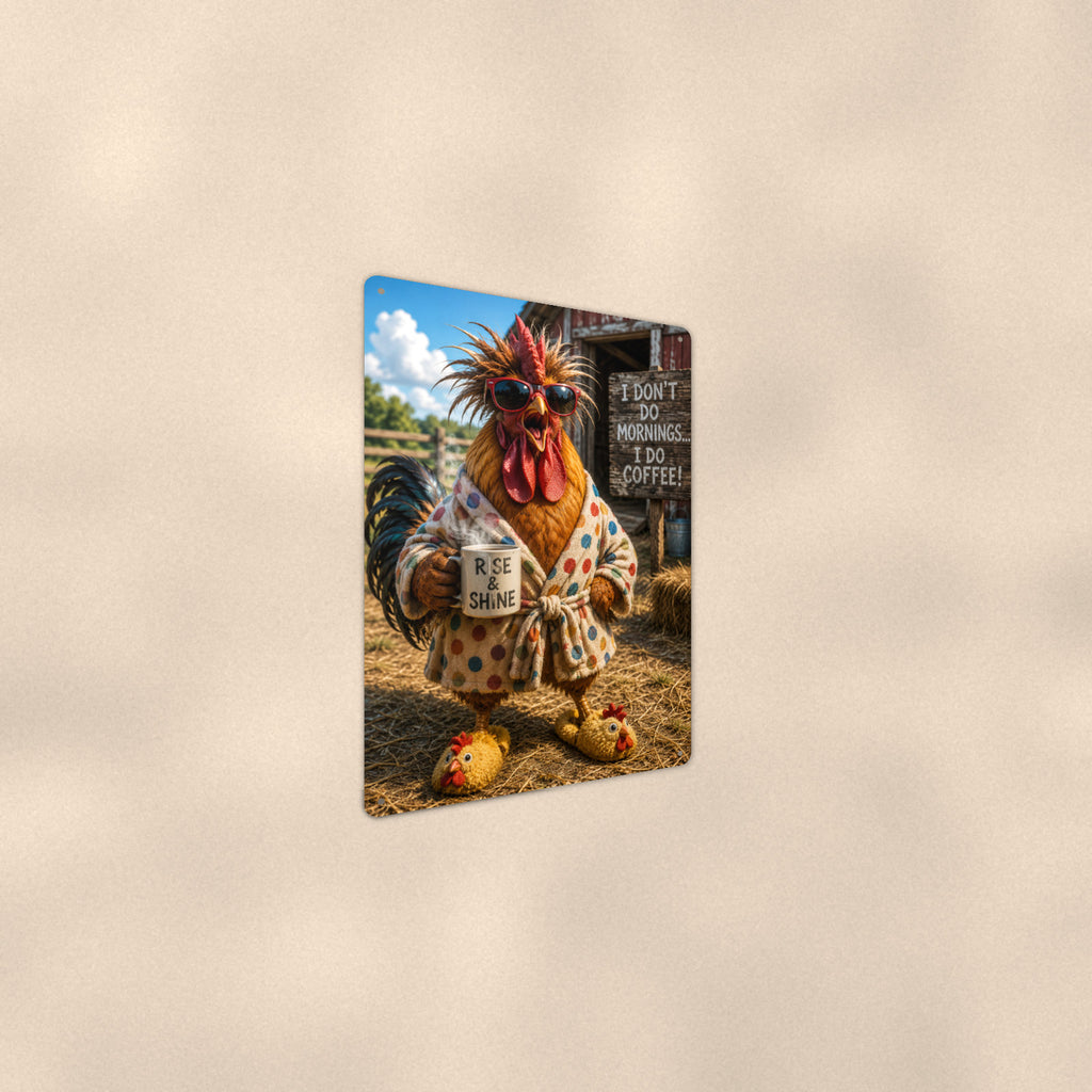 I Don't Do Mornings Rooster aluminum metal sign 8" x 12" - angled wall view from a wider angle