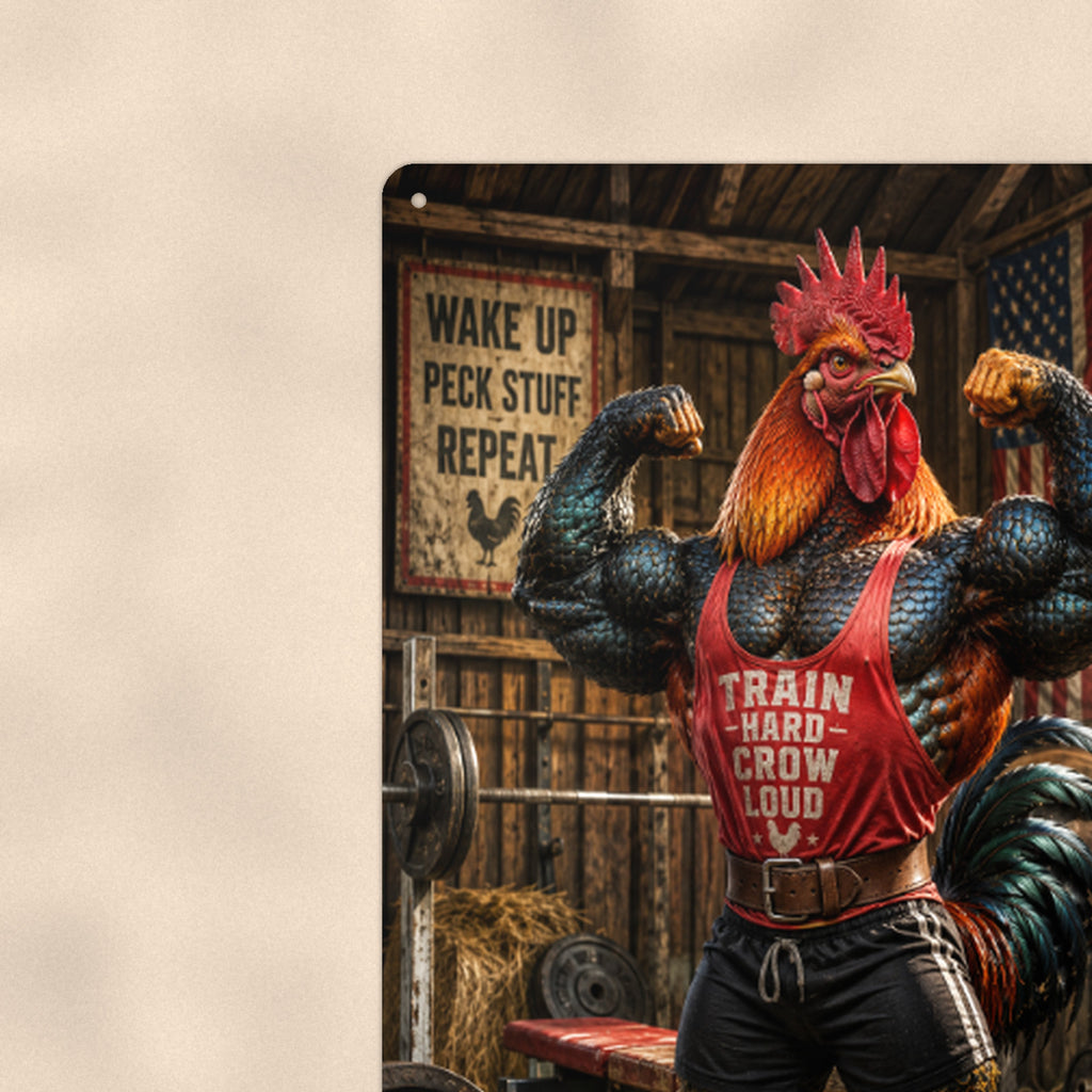 Train Hard Crow Loud Gym Rooster aluminum metal sign 8" x 12" - close-up view of the printed artwork