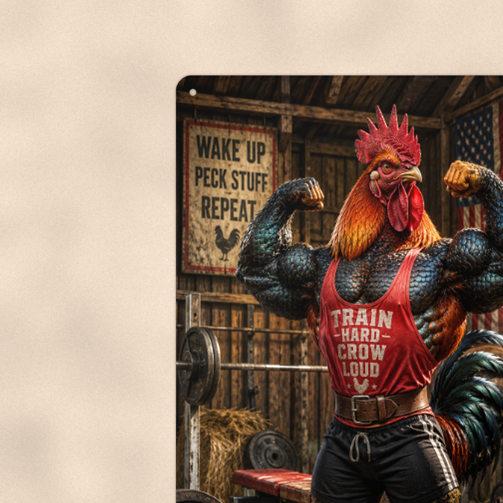 Train Hard Crow Loud Gym Rooster aluminum metal sign 8" x 12" - close-up view of the printed artwork
