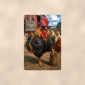 Biker Rooster 24/7 Awesomeness aluminum metal sign 8" x 12" - front view on warm wall