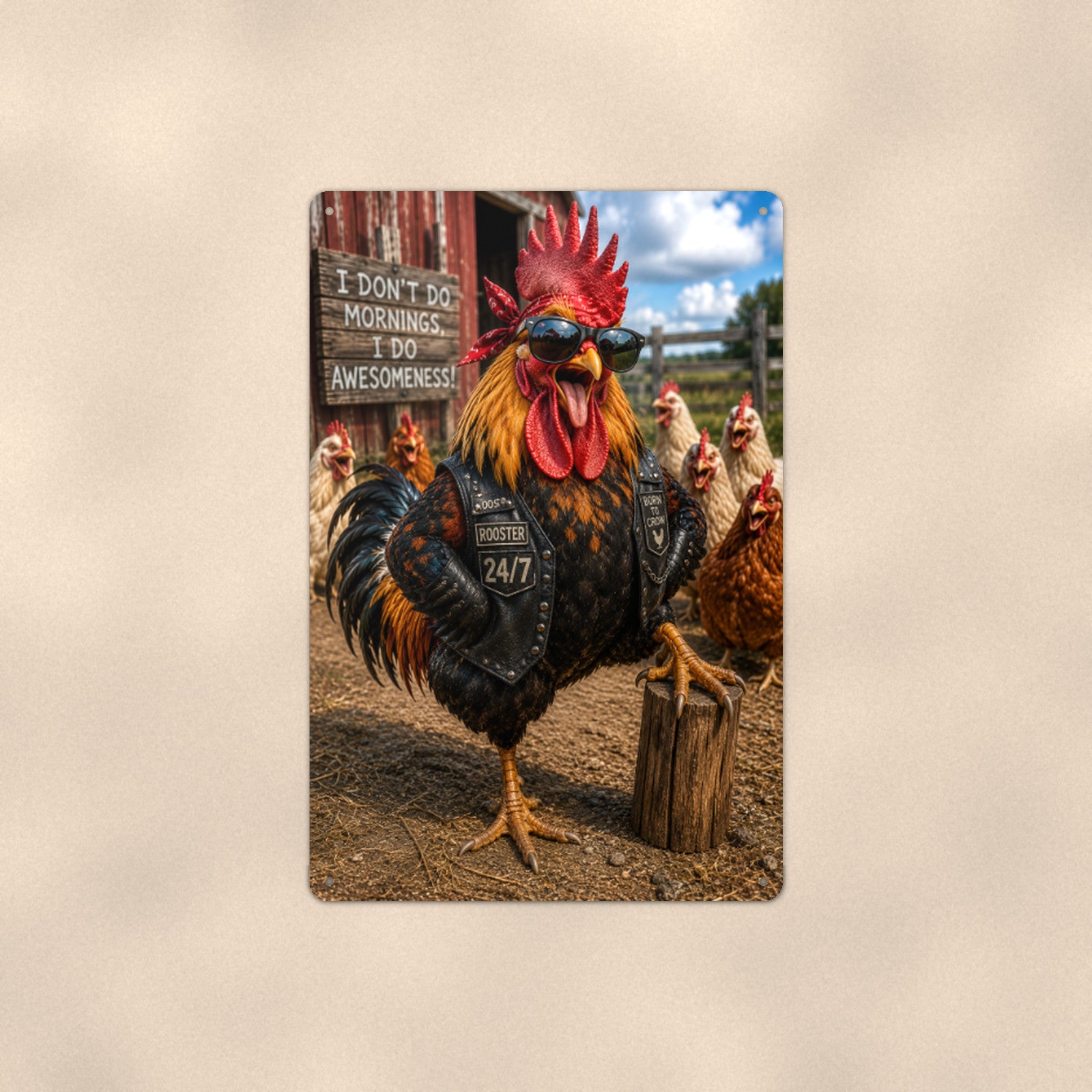 Biker Rooster 24/7 Awesomeness aluminum metal sign 8" x 12" - front view on warm wall