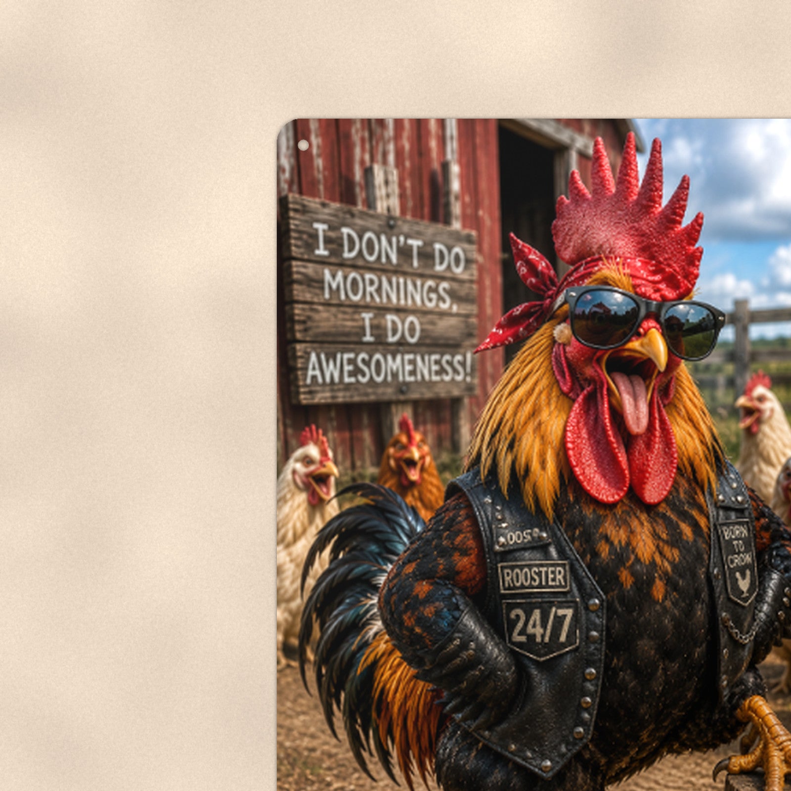 Biker Rooster 24/7 Awesomeness aluminum metal sign 8" x 12" - close-up view of the printed artwork