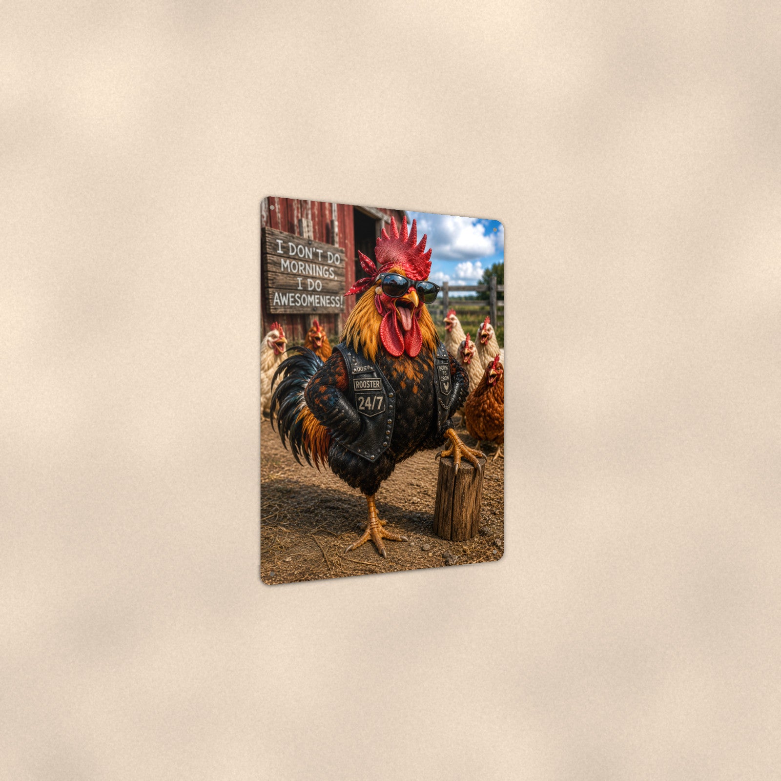 Biker Rooster 24/7 Awesomeness aluminum metal sign 8" x 12" - angled view showing glossy finish