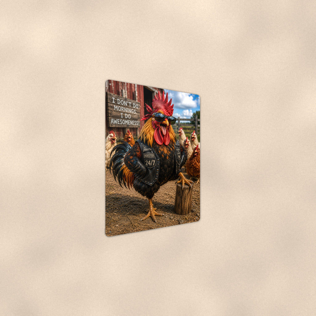 Biker Rooster 24/7 Awesomeness aluminum metal sign 8" x 12" - angled wall view from a wider angle