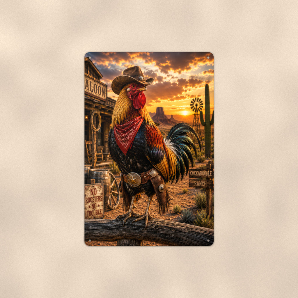 Cowboy Rooster at the Saloon aluminum metal sign 8" x 12" - front view on warm wall