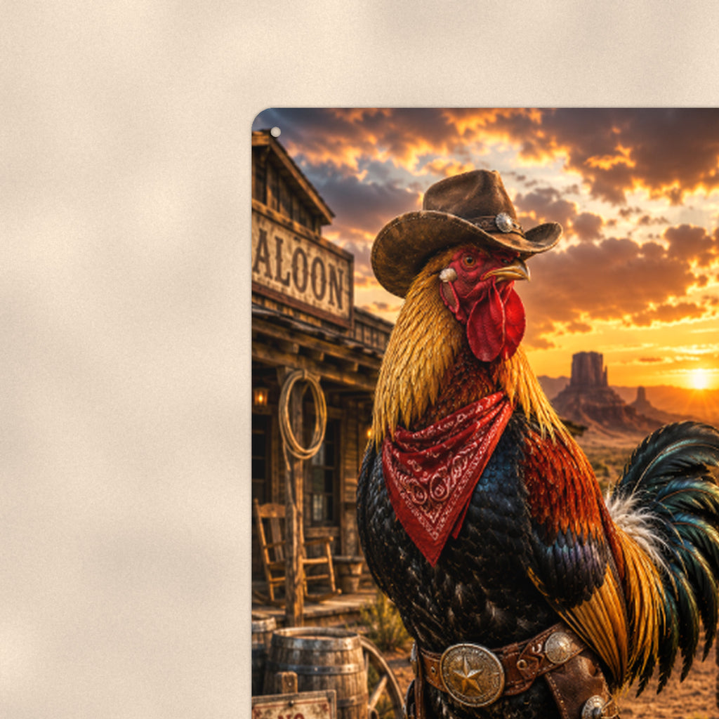 Cowboy Rooster at the Saloon aluminum metal sign 8" x 12" - close-up view of the printed artwork