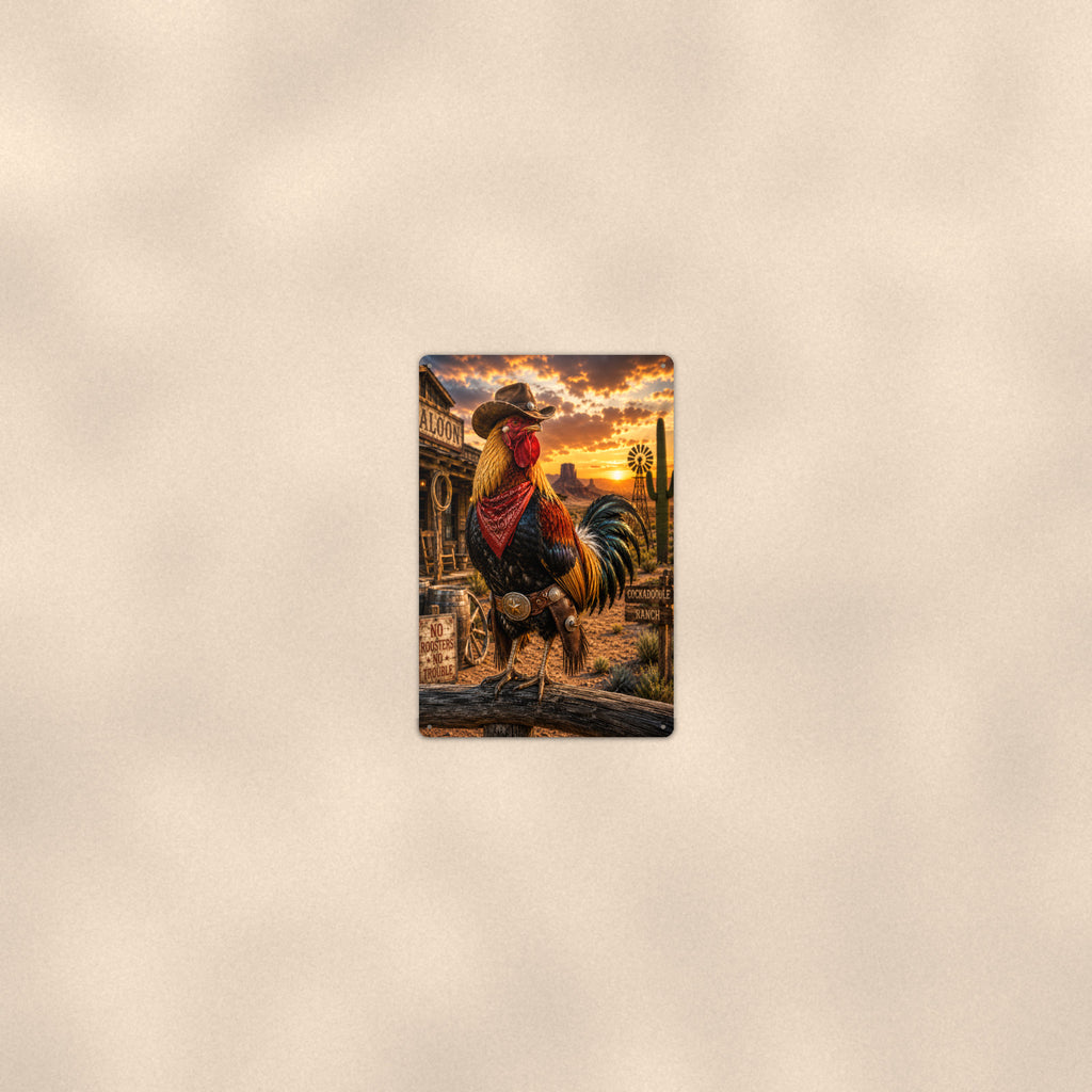 Cowboy Rooster at the Saloon aluminum metal sign 8" x 12" - room view on warm wall