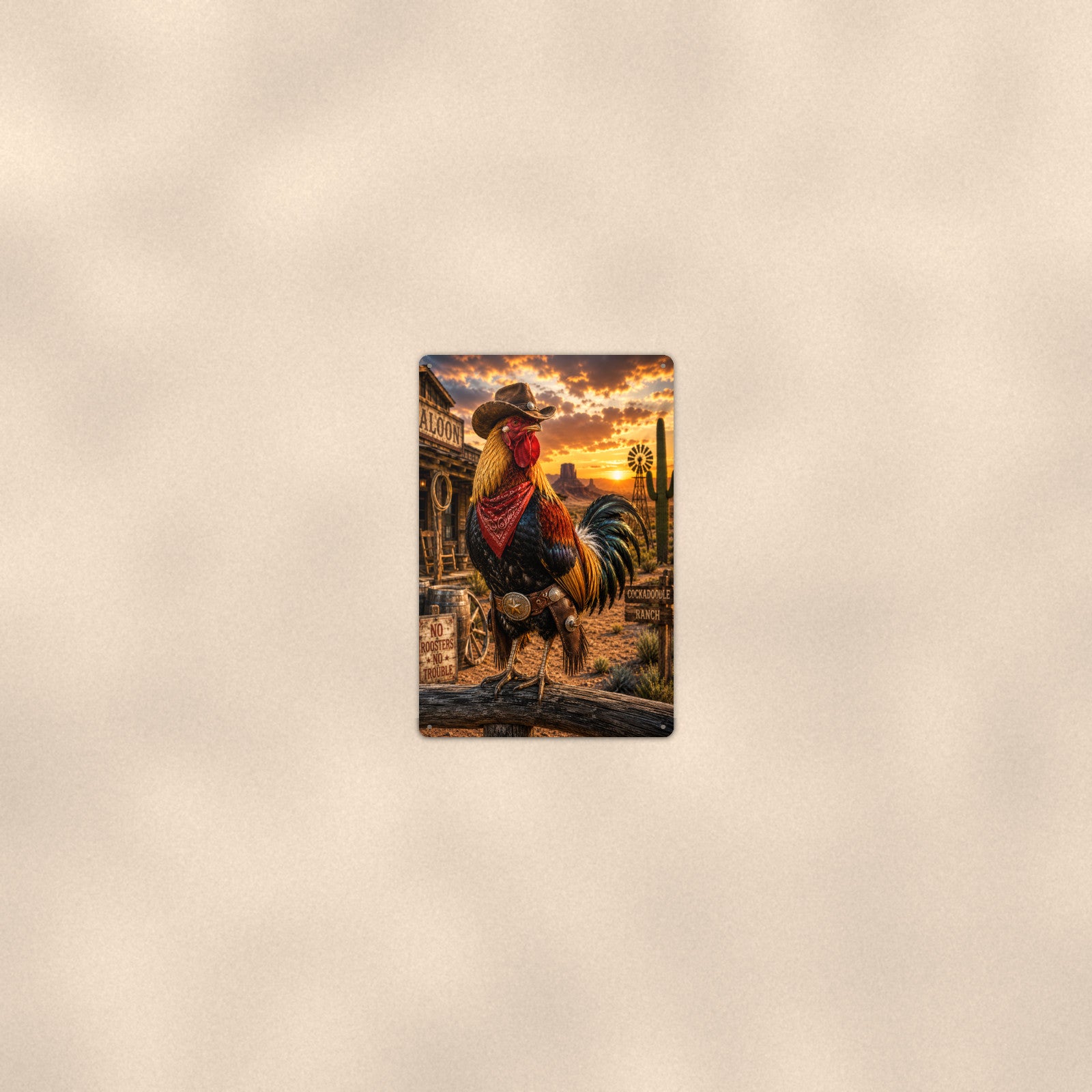 Cowboy Rooster at the Saloon aluminum metal sign 8" x 12" - room view on warm wall