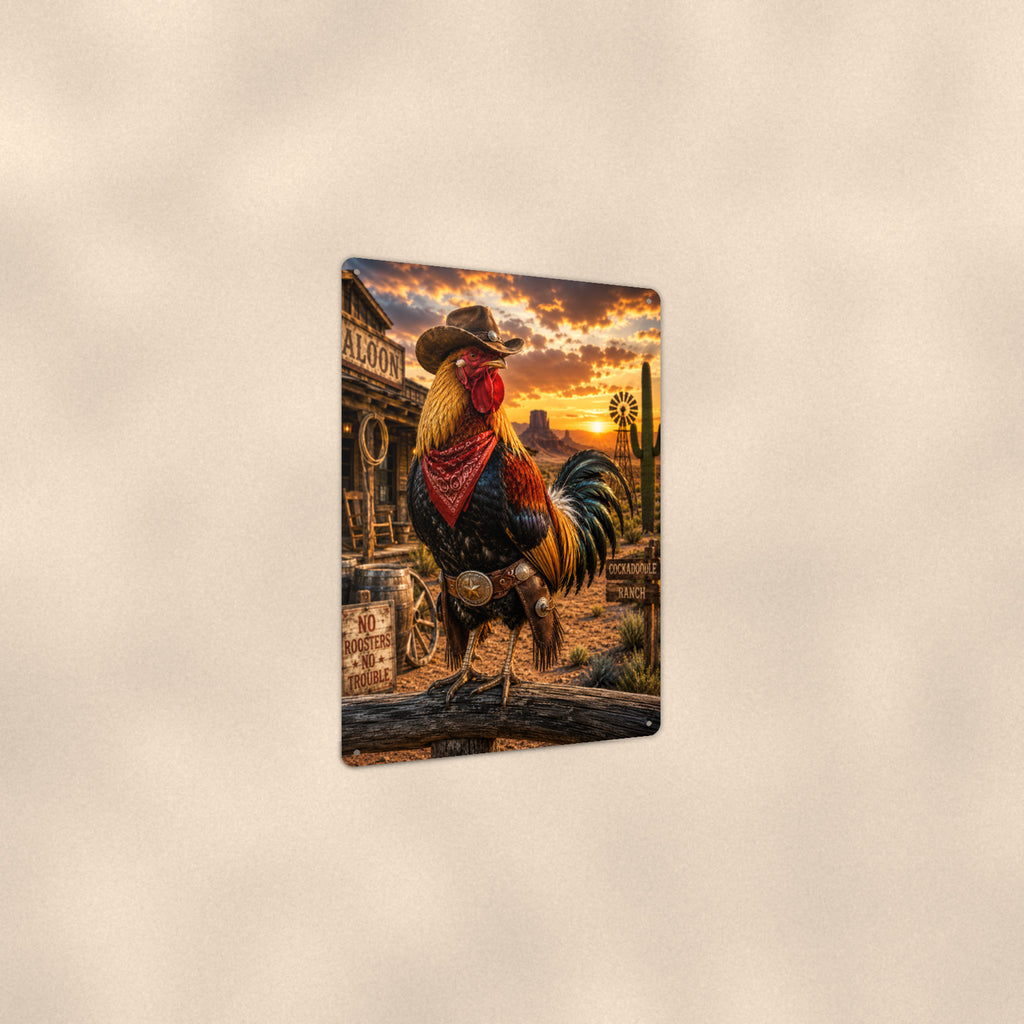 Cowboy Rooster at the Saloon aluminum metal sign 8" x 12" - angled view showing glossy finish