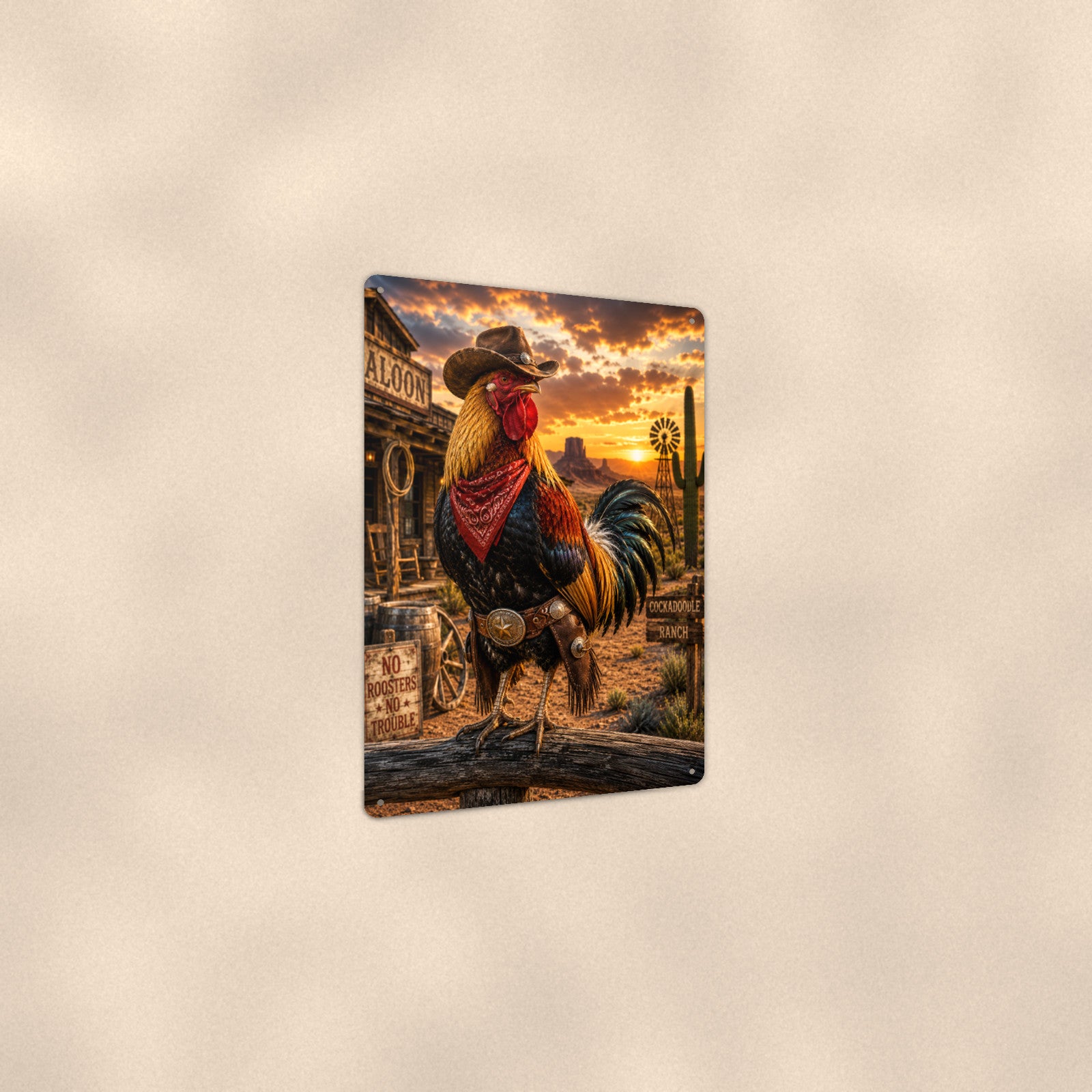 Cowboy Rooster at the Saloon aluminum metal sign 8" x 12" - angled view showing glossy finish