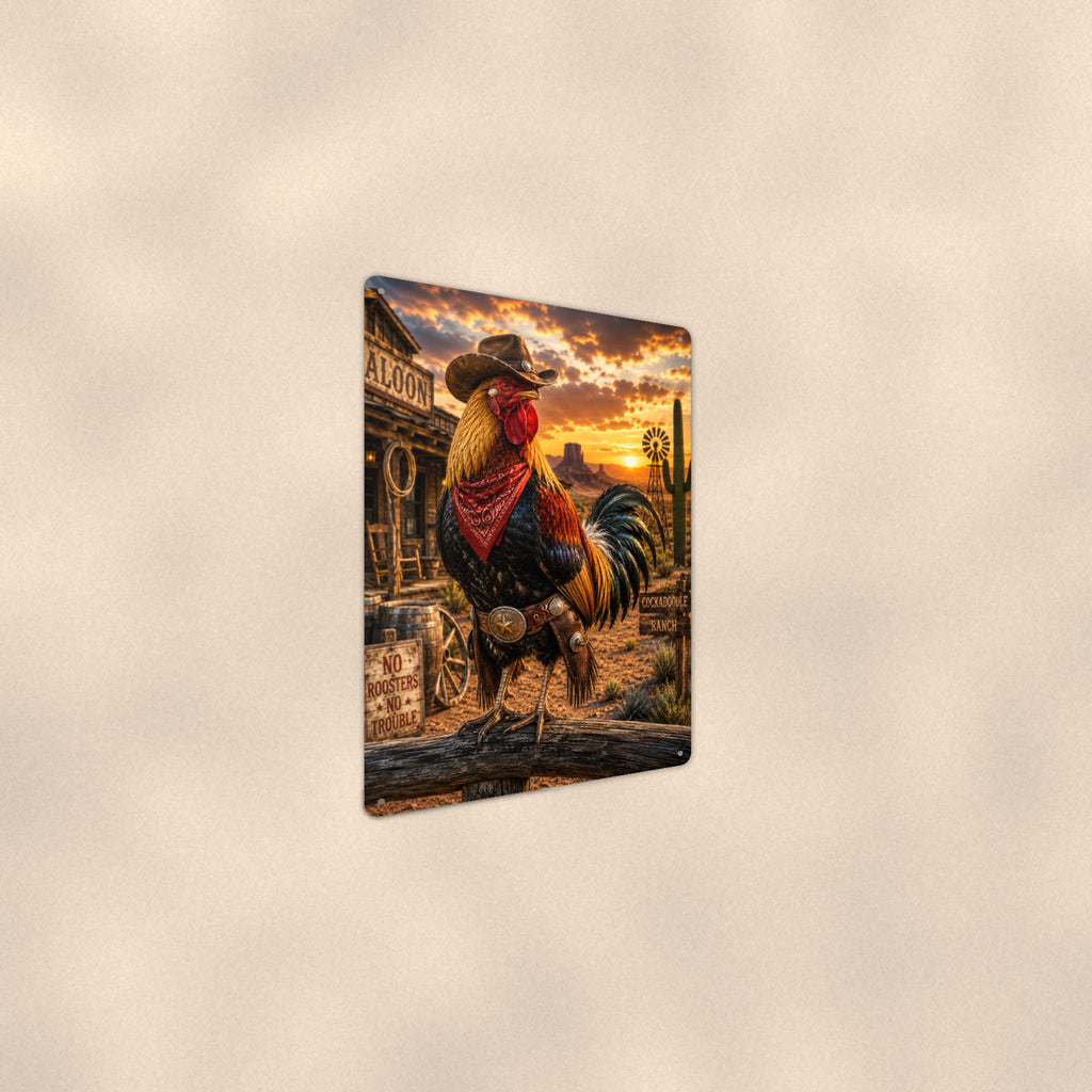 Cowboy Rooster at the Saloon aluminum metal sign 8" x 12" - angled wall view from a wider angle