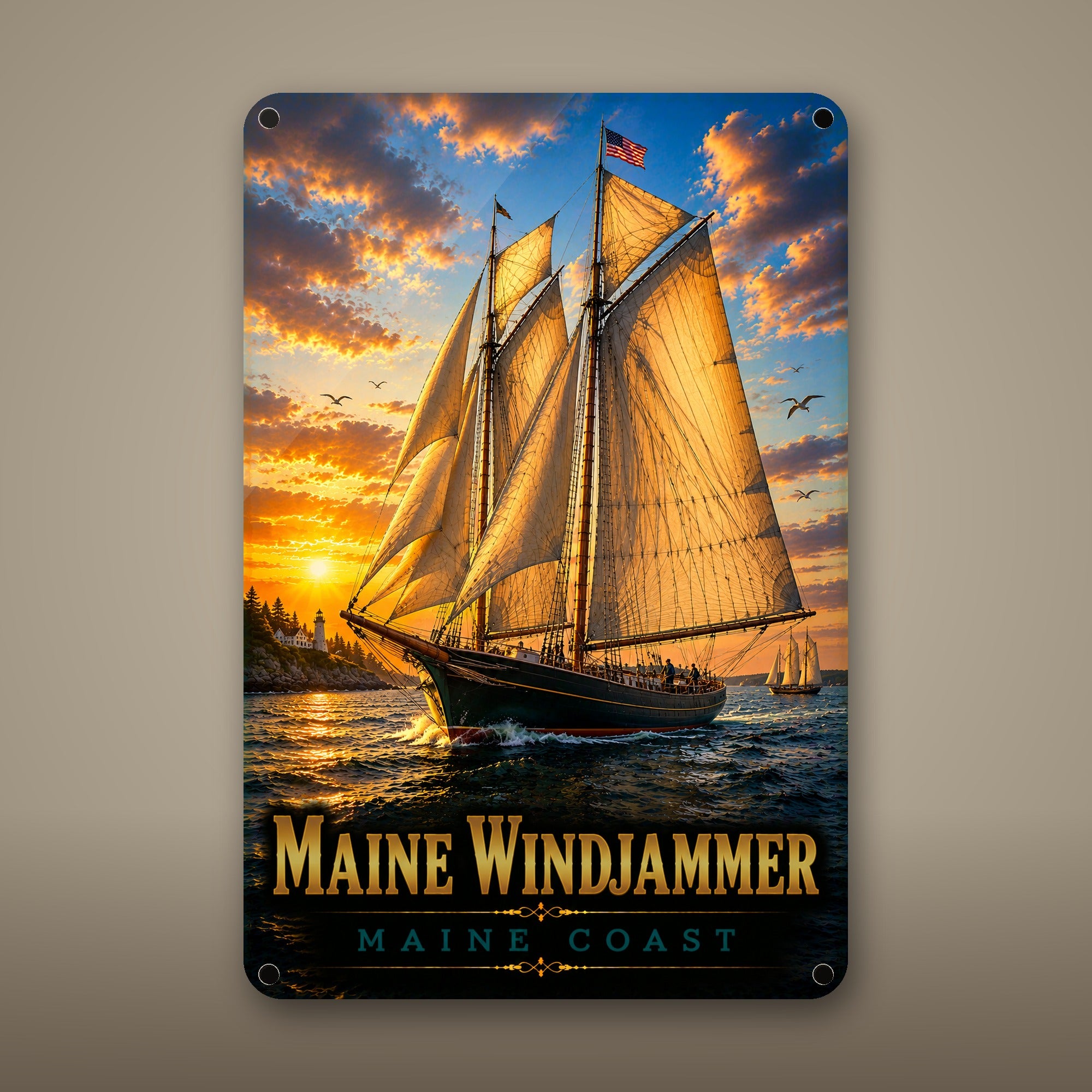Maine Windjammer Metal Wall Art, Aluminum Sign, Maine Coast Nautical Decor, Sailboat Wall Hanging, Coastal Gift