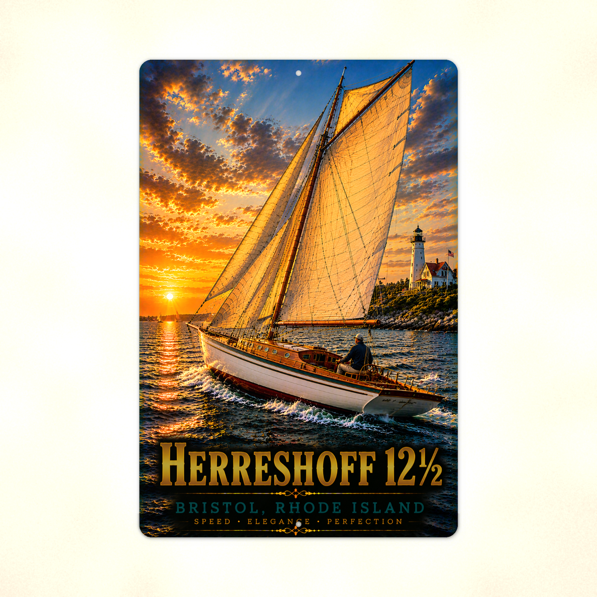 Full view of the sign showing Herreshoff 12 1/2 lettering and a sailboat with golden sails near a lighthouse against a pale background.