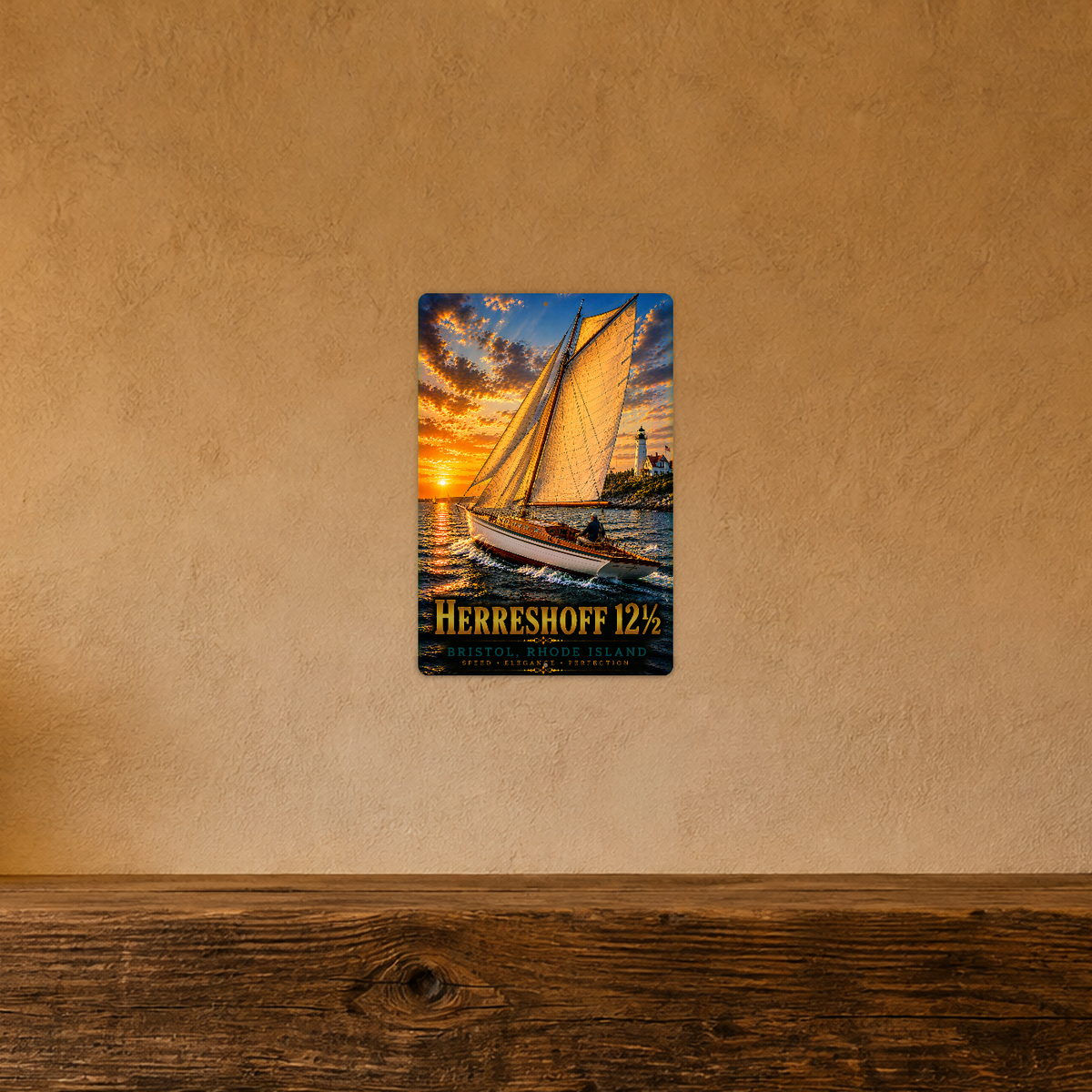 Sign showing Herreshoff 12 1/2 lettering and a sailboat with golden sails near a lighthouse, displayed on a warm tan textured wall above a wooden ledge.