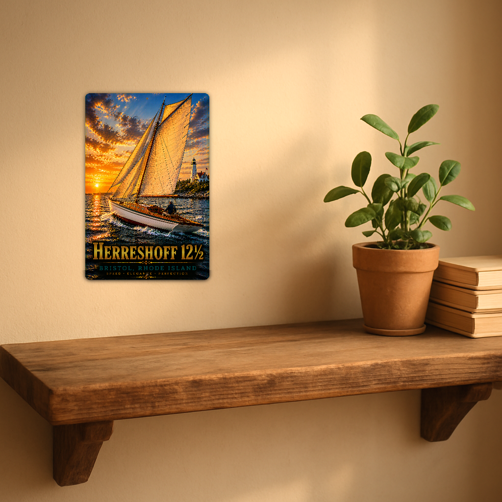 Sign showing Herreshoff 12 1/2 lettering and a sailboat with golden sails near a lighthouse, displayed on a warm beige wall above a rustic shelf with a potted plant and books.