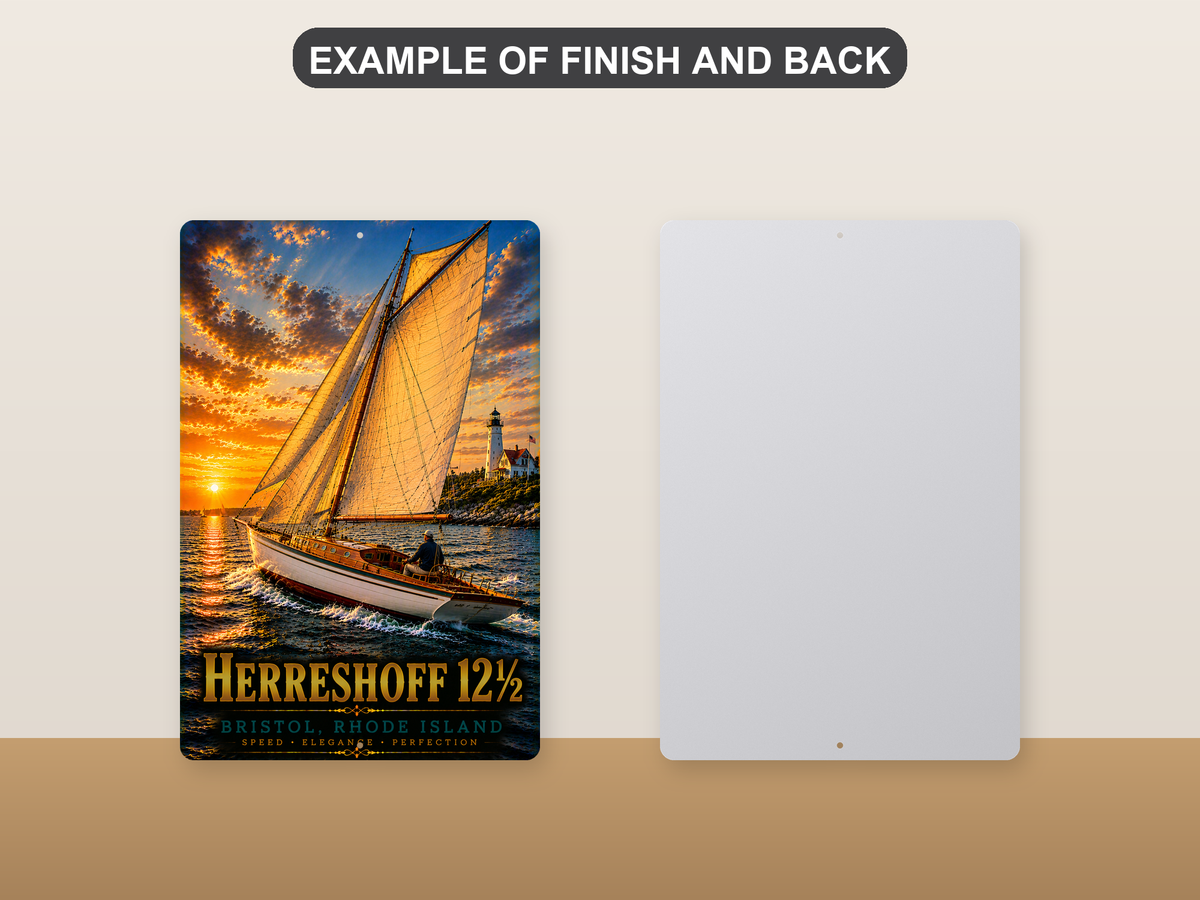 Front-and-back comparison card showing Herreshoff 12 1/2 lettering and a sailboat with golden sails near a lighthouse on the printed sign beside its plain metal back.