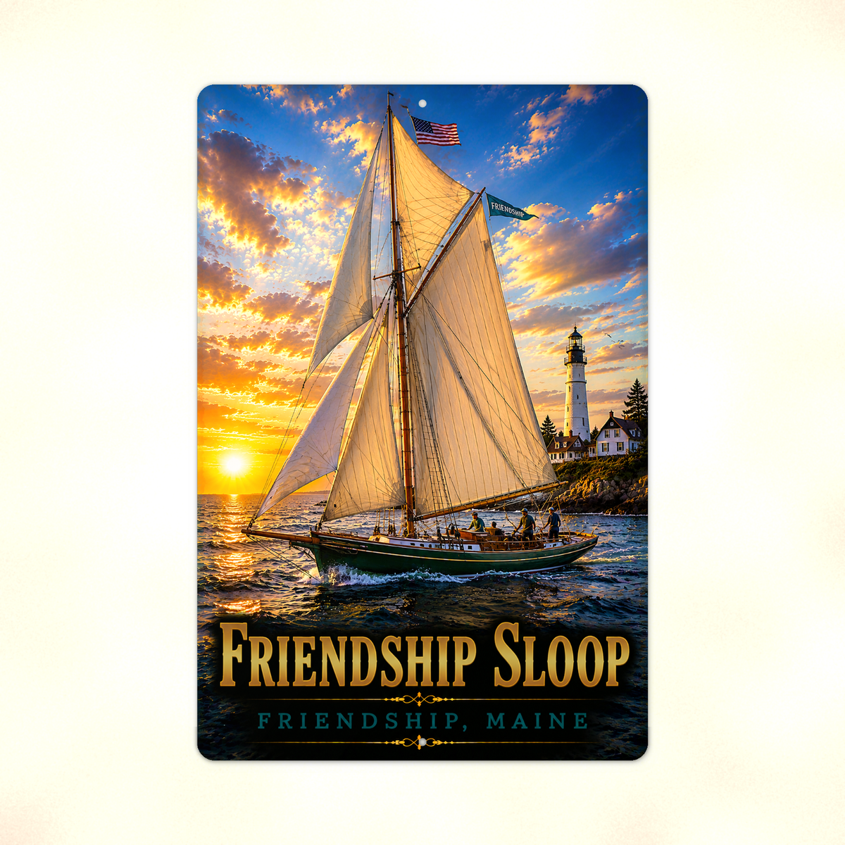 Full view of the sign showing Friendship Sloop lettering and a sailboat with golden sails, people and an American flag near a lighthouse against a pale background.