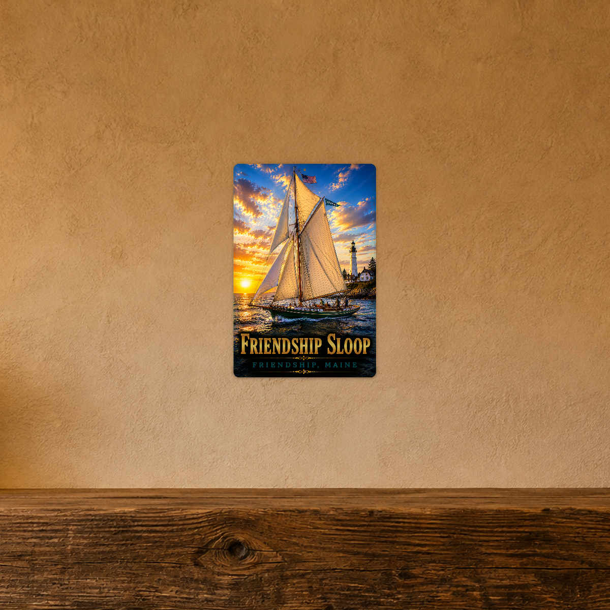 Sign showing Friendship Sloop lettering and a sailboat with golden sails, people and an American flag near a lighthouse, displayed on a warm tan textured wall above a wooden ledge.