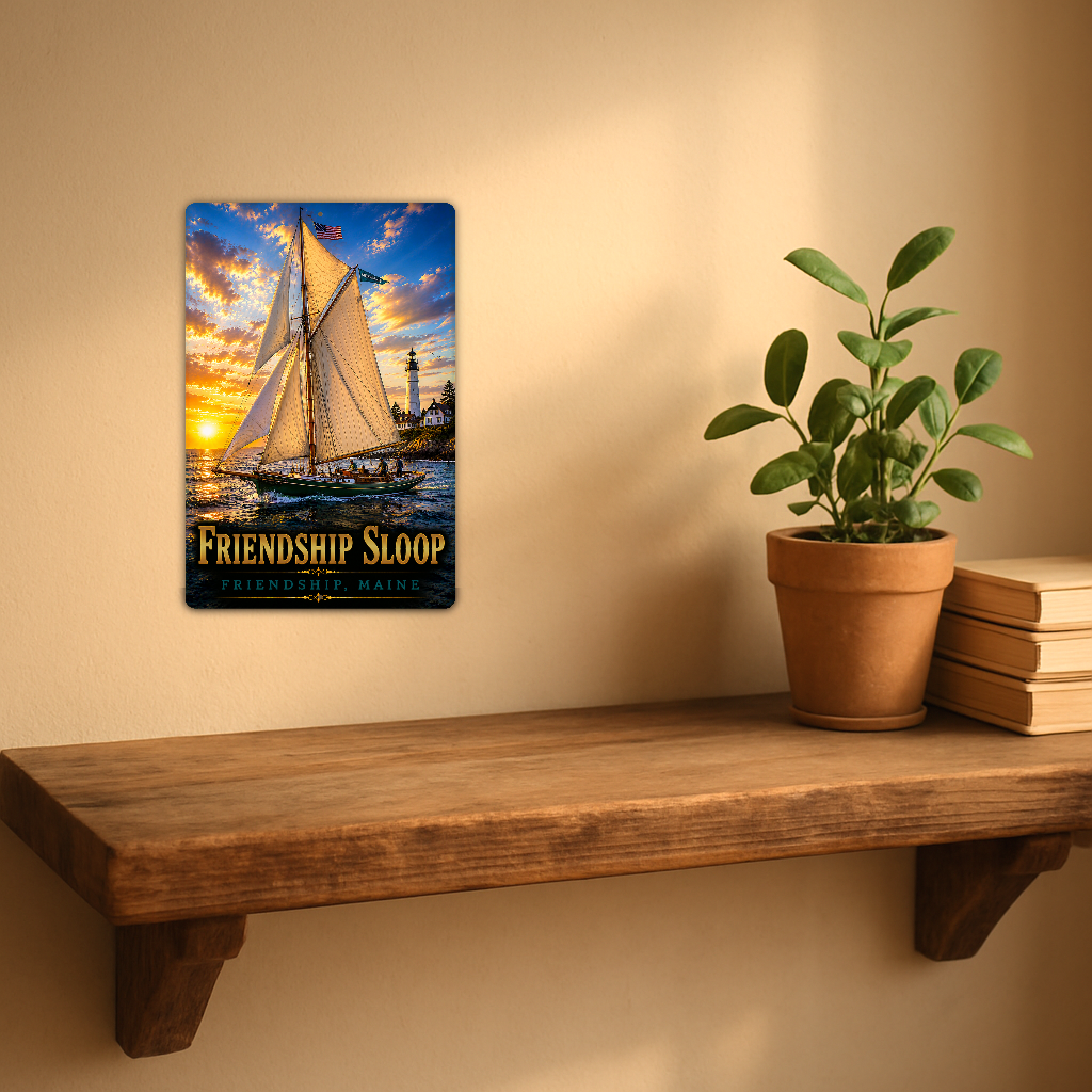 Sign showing Friendship Sloop lettering and a sailboat with golden sails, people and an American flag near a lighthouse, displayed on a warm beige wall above a rustic shelf with a potted plant and books.