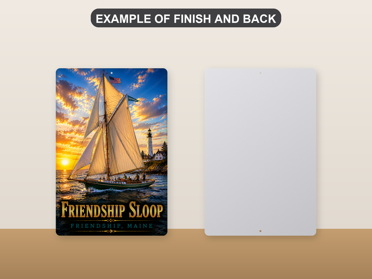 Front-and-back comparison card showing Friendship Sloop lettering and a sailboat with golden sails, people and an American flag near a lighthouse on the printed sign beside its plain metal back.