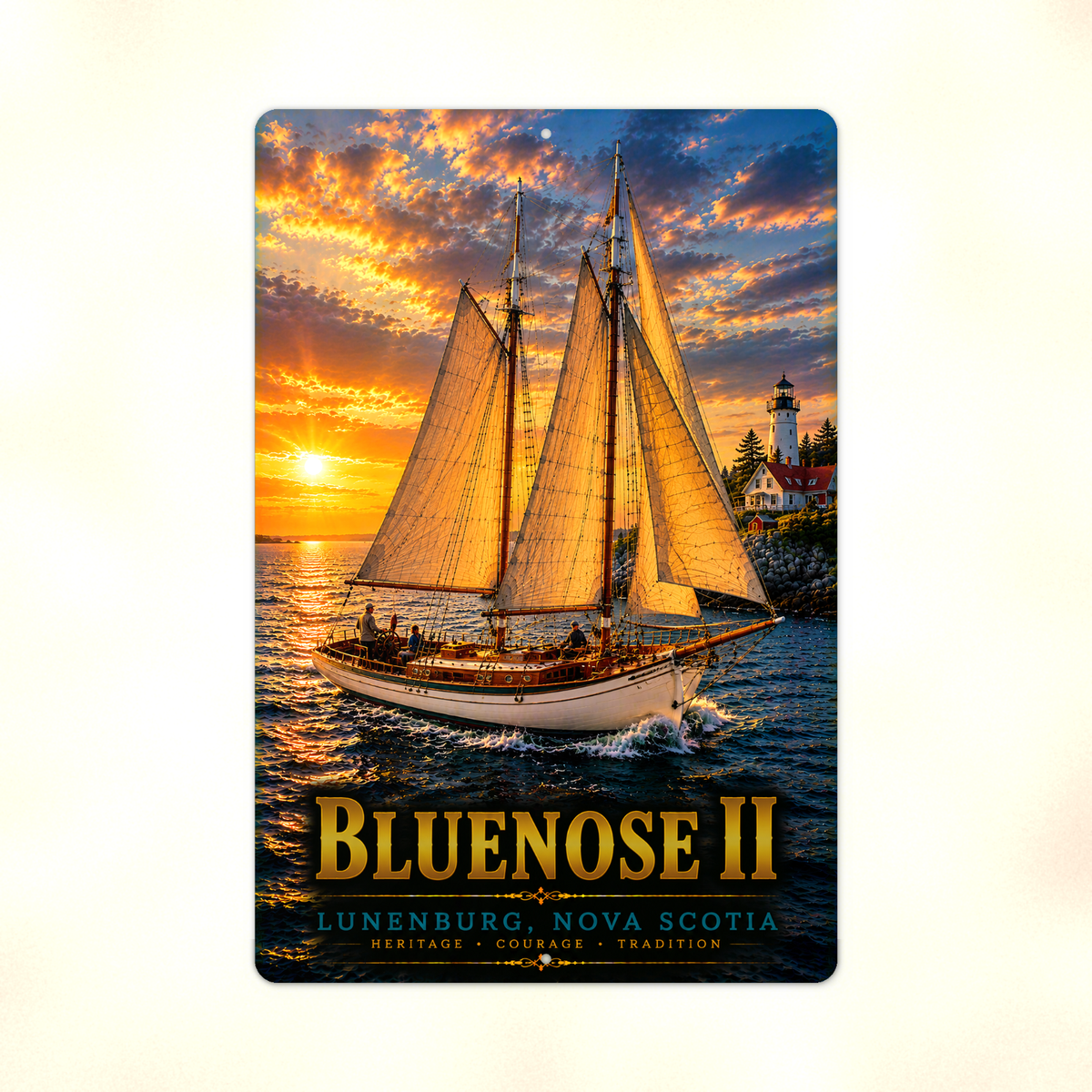 Full view of the sign showing Bluenose II lettering and a two-masted schooner with golden sails at sunset against a pale background.