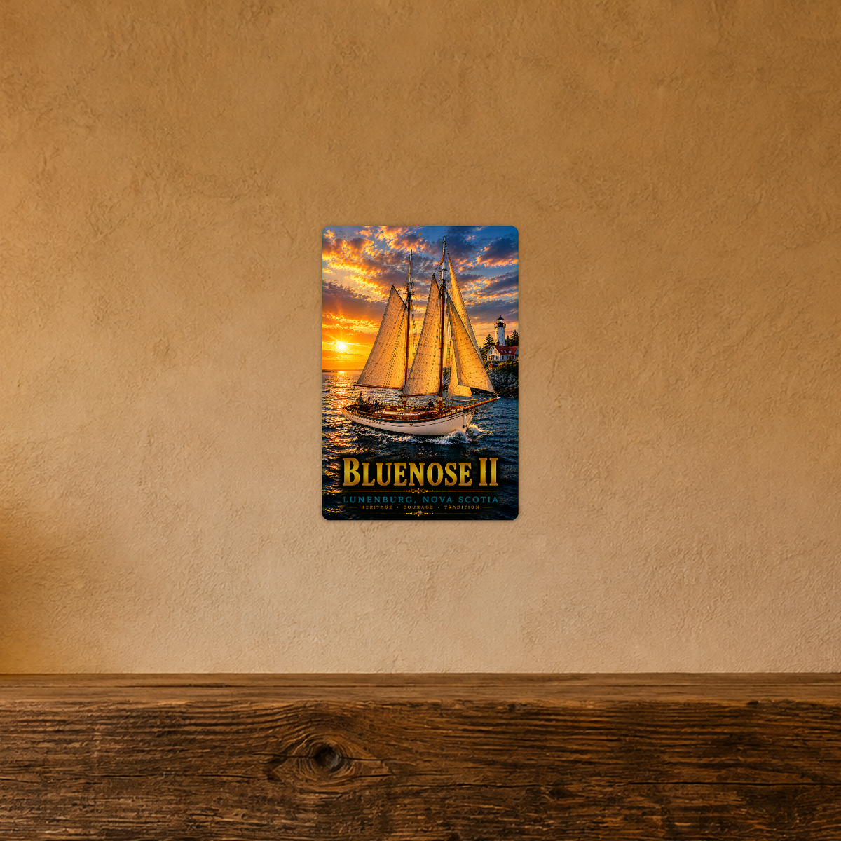 Sign showing Bluenose II lettering and a two-masted schooner with golden sails at sunset, displayed on a warm tan textured wall above a wooden ledge.