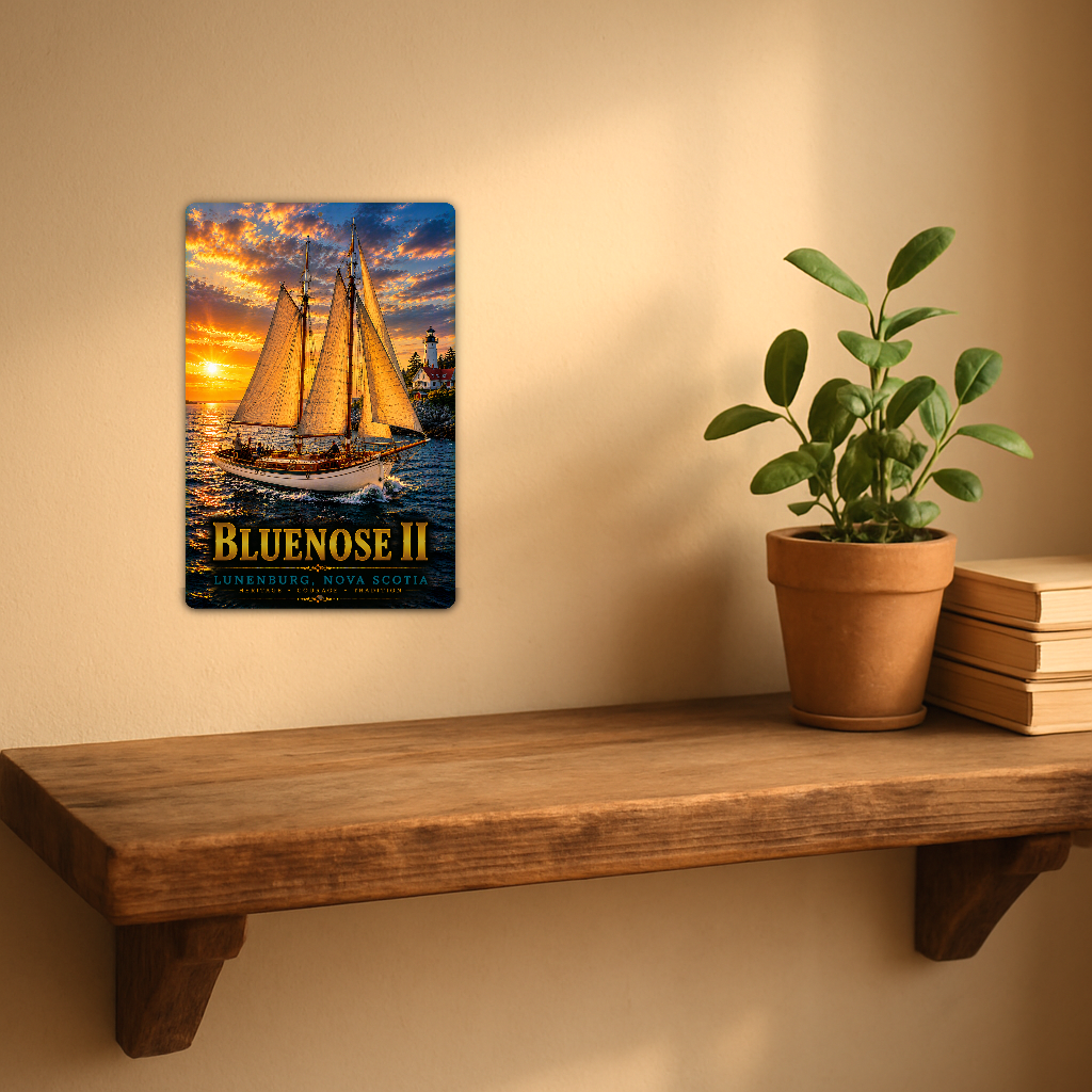 Sign showing Bluenose II lettering and a two-masted schooner with golden sails at sunset, displayed on a warm beige wall above a rustic shelf with a potted plant and books.