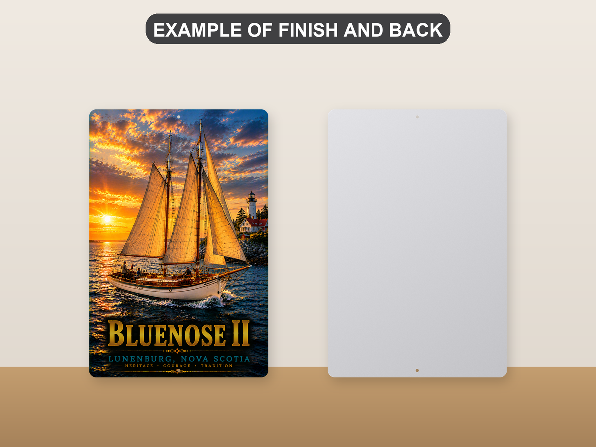Front-and-back comparison card showing Bluenose II lettering and a two-masted schooner with golden sails at sunset on the printed sign beside its plain metal back.