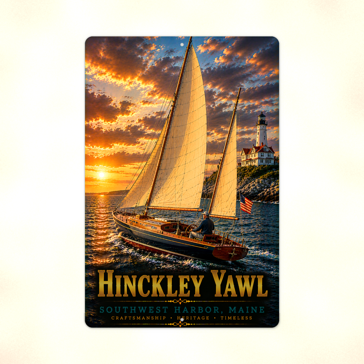 Full view of the sign showing Hinckley Yawl lettering and golden sails, an American flag and a lighthouse at sunset against a pale background.