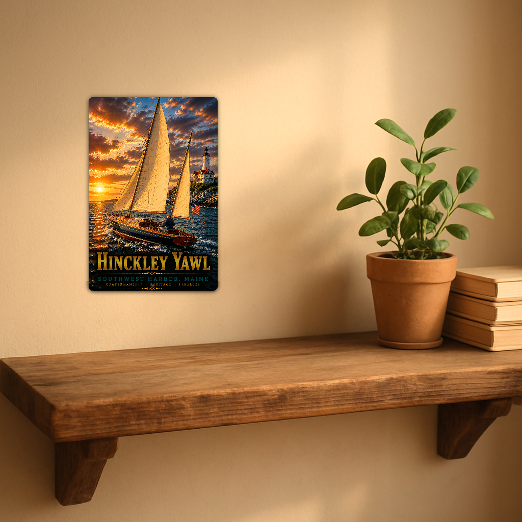 Sign showing Hinckley Yawl lettering and golden sails, an American flag and a lighthouse at sunset, displayed on a warm beige wall above a rustic shelf with a potted plant and books.