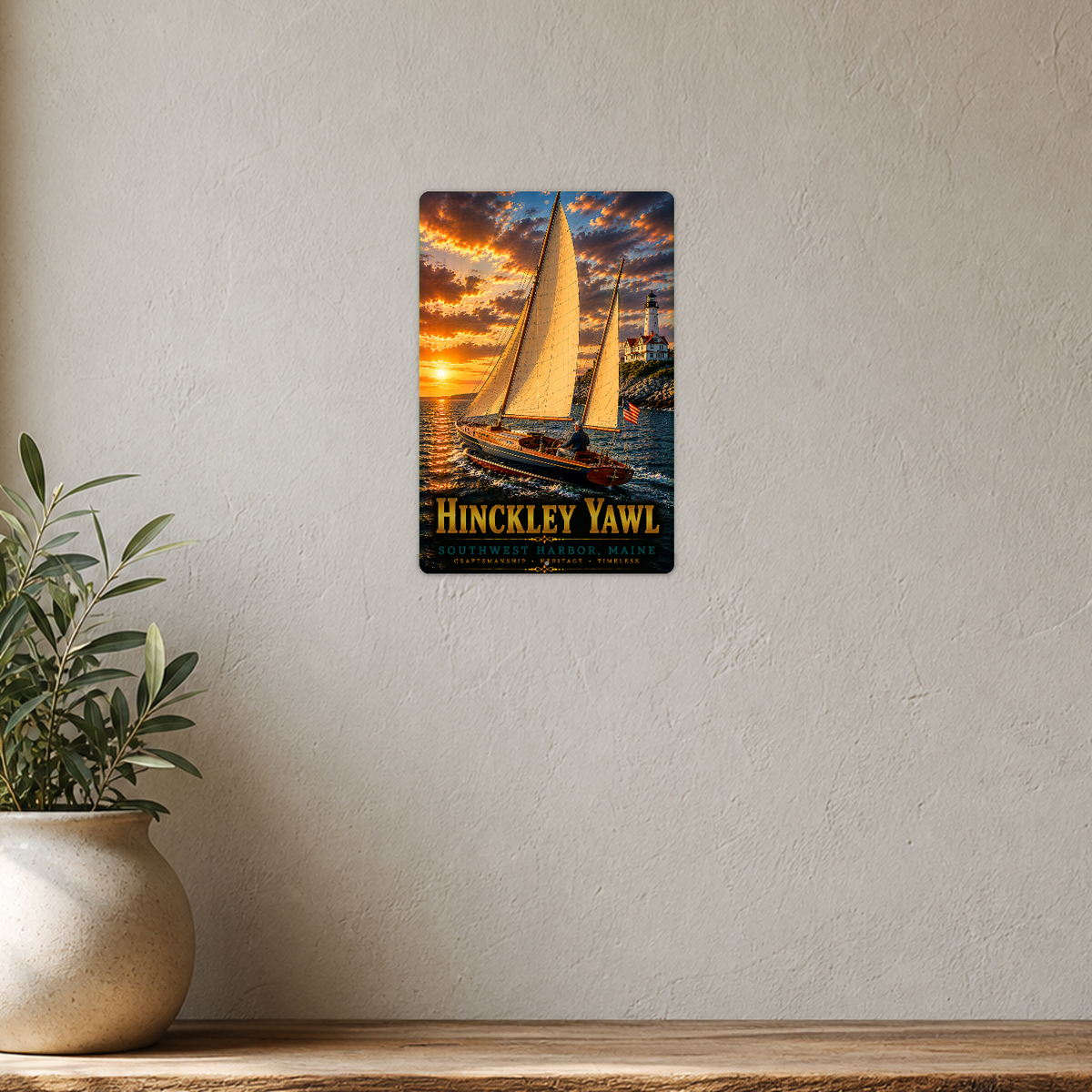 Sign showing Hinckley Yawl lettering and golden sails, an American flag and a lighthouse at sunset, displayed on a pale gray wall with a plant in a white pot below.