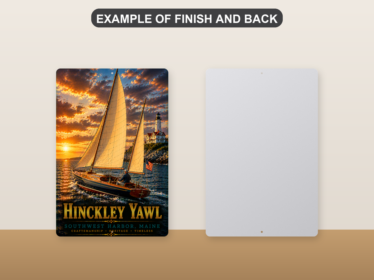 Front-and-back comparison card showing Hinckley Yawl lettering and golden sails, an American flag and a lighthouse at sunset on the printed sign beside its plain metal back.