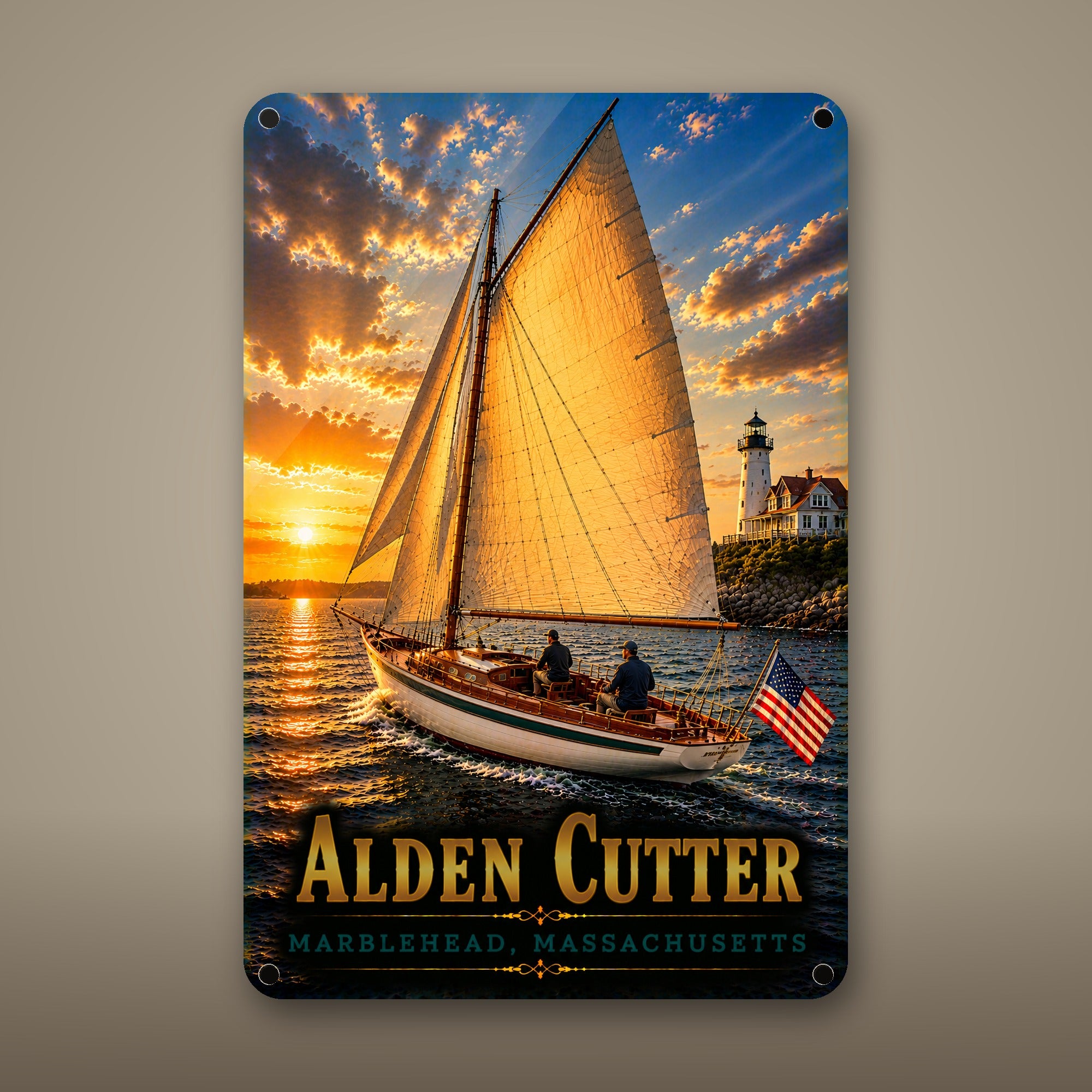 Classic Wooden Cutter Metal Wall Art, Aluminum Sign, Marblehead Massachusetts Nautical Decor, Sailboat Wall Hanging, Coastal Gift