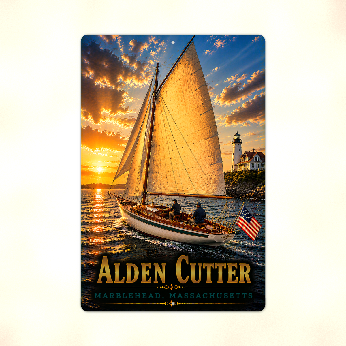 Full view of the sign showing Alden Cutter lettering and a sailboat with golden sails near a lighthouse against a pale background.