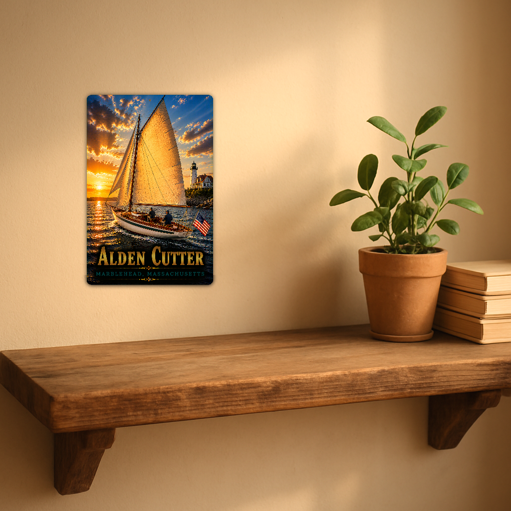 Sign showing Alden Cutter lettering and a sailboat with golden sails near a lighthouse, displayed on a warm beige wall above a rustic shelf with a potted plant and books.