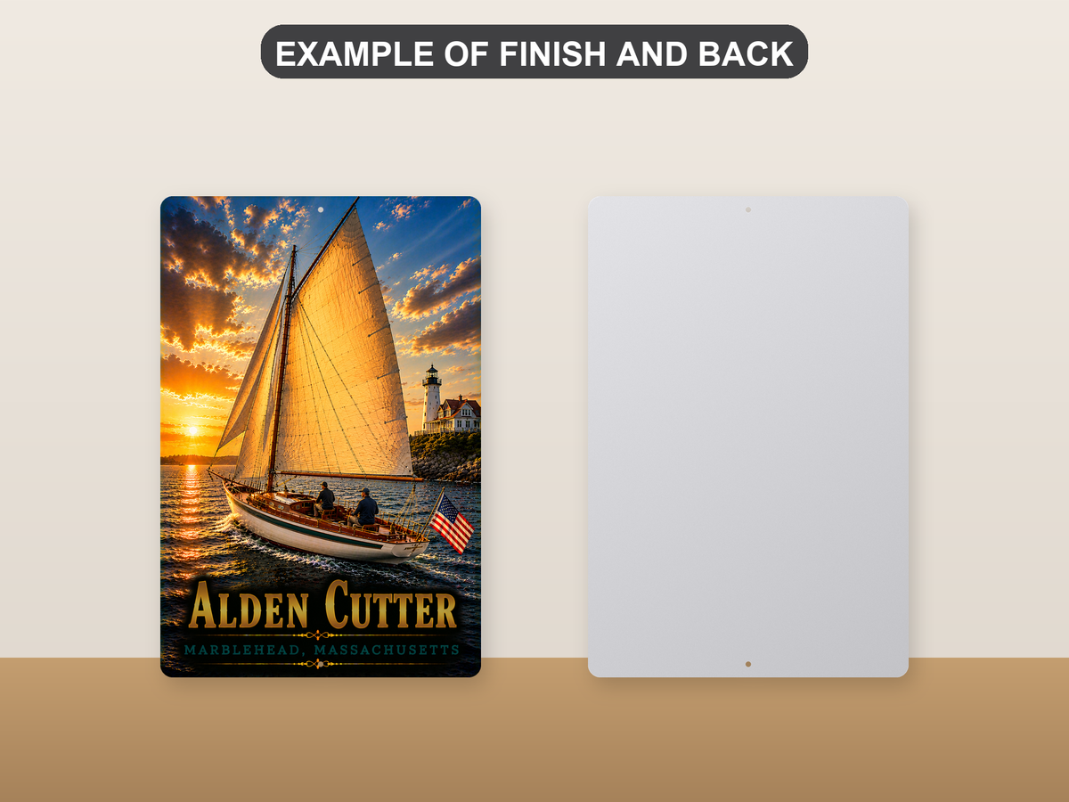 Front-and-back comparison card showing Alden Cutter lettering and a sailboat with golden sails near a lighthouse on the printed sign beside its plain metal back.