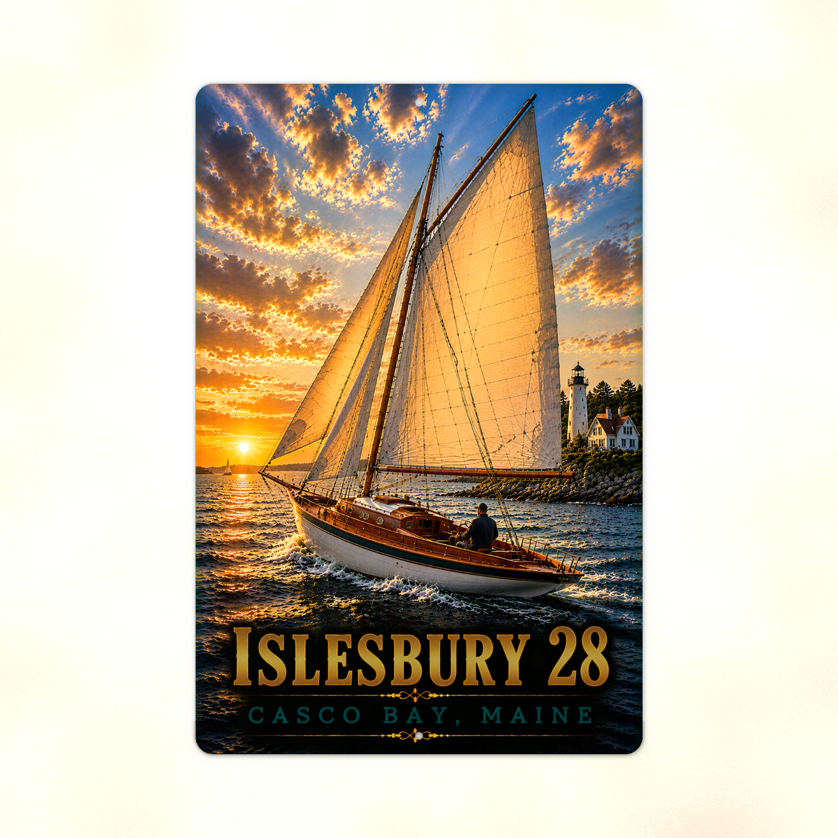Full view of the sign showing Islesbury 28 lettering and a golden-sailed boat near a lighthouse against a pale background.