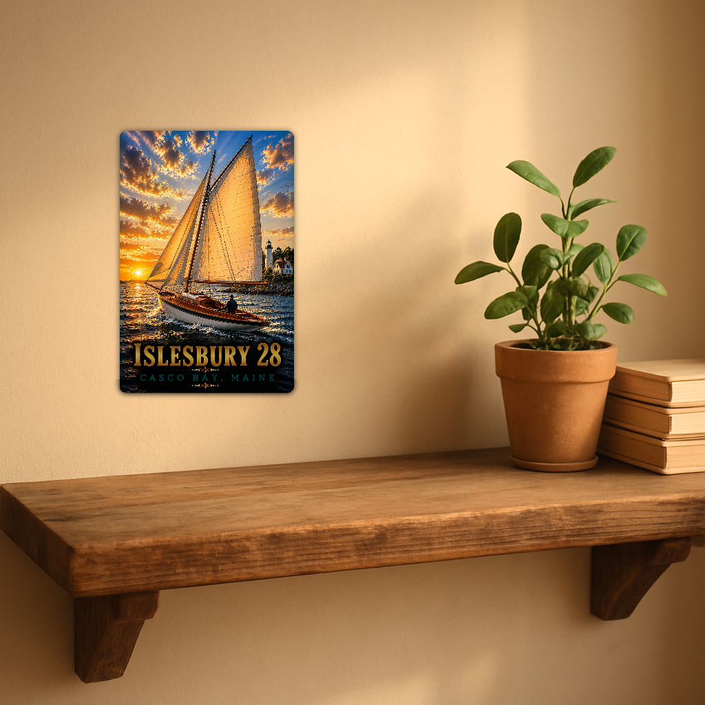 Sign showing Islesbury 28 lettering and a golden-sailed boat near a lighthouse, displayed on a warm beige wall above a rustic shelf with a potted plant and books.