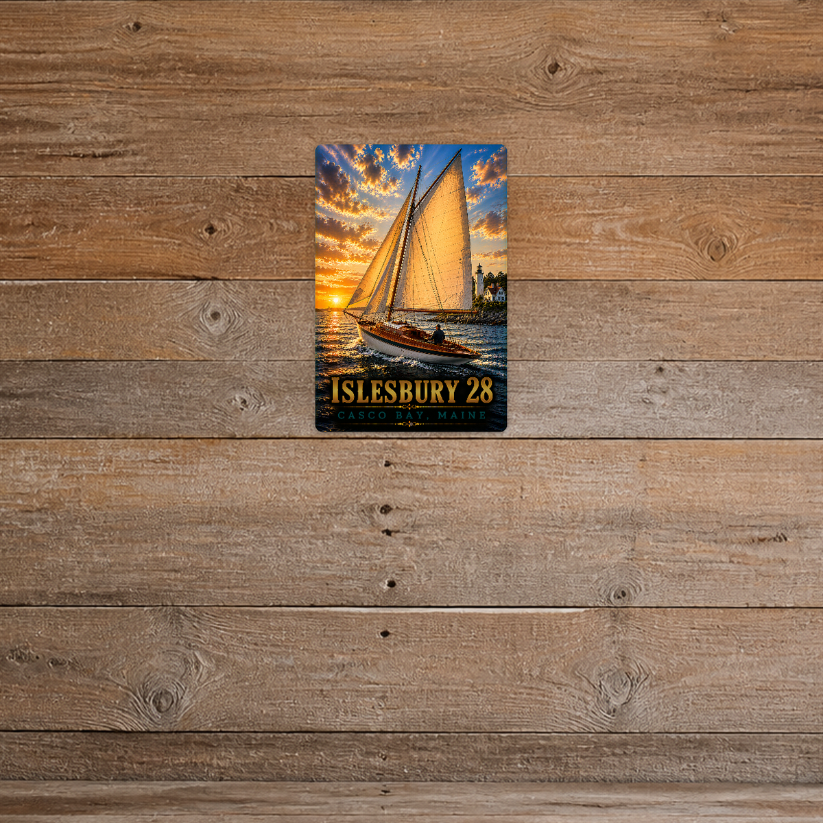 Sign showing Islesbury 28 lettering and a golden-sailed boat near a lighthouse, displayed on a weathered horizontal gray-brown wood-plank wall.
