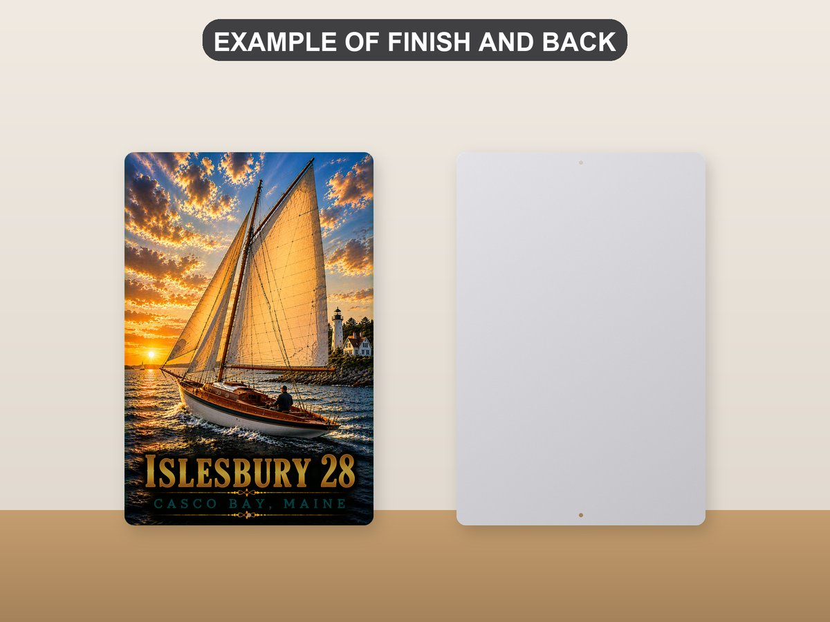 Front-and-back comparison card showing Islesbury 28 lettering and a golden-sailed boat near a lighthouse on the printed sign beside its plain metal back.