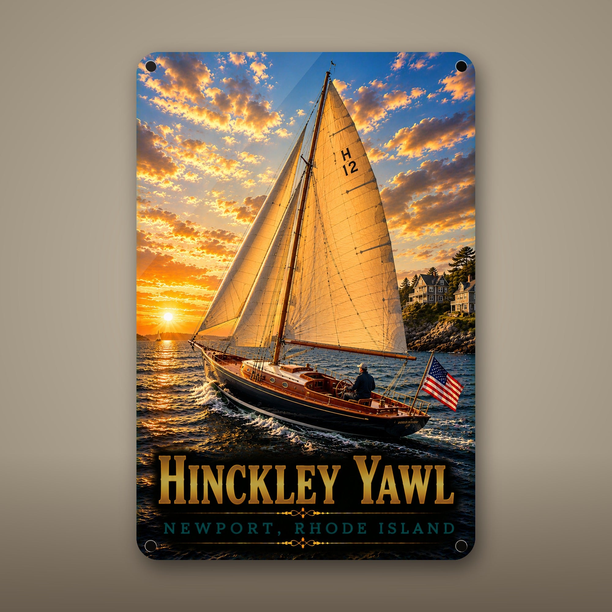 Classic Wooden Yawl Metal Wall Art, Aluminum Sign, Newport Rhode Island Nautical Decor, Sailboat Wall Hanging, Coastal Gift
