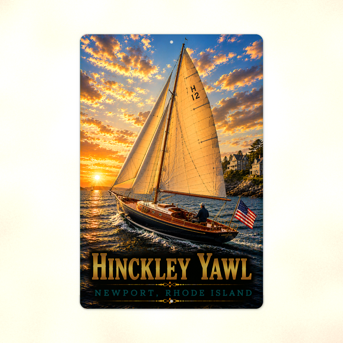 Full view of the sign showing Hinckley Yawl Newport lettering and a sailboat with H12 on its golden sail against a pale background.