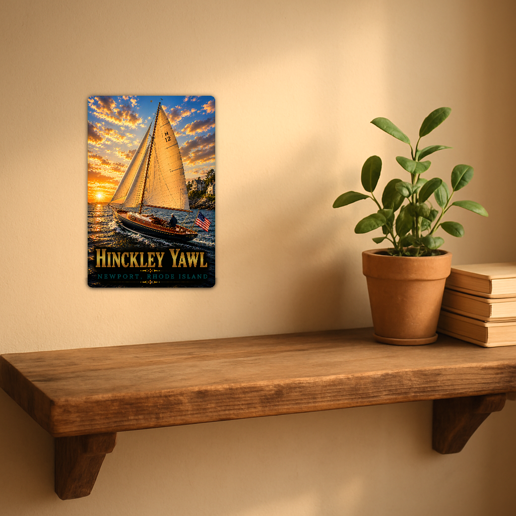 Sign showing Hinckley Yawl Newport lettering and a sailboat with H12 on its golden sail, displayed on a warm beige wall above a rustic shelf with a potted plant and books.