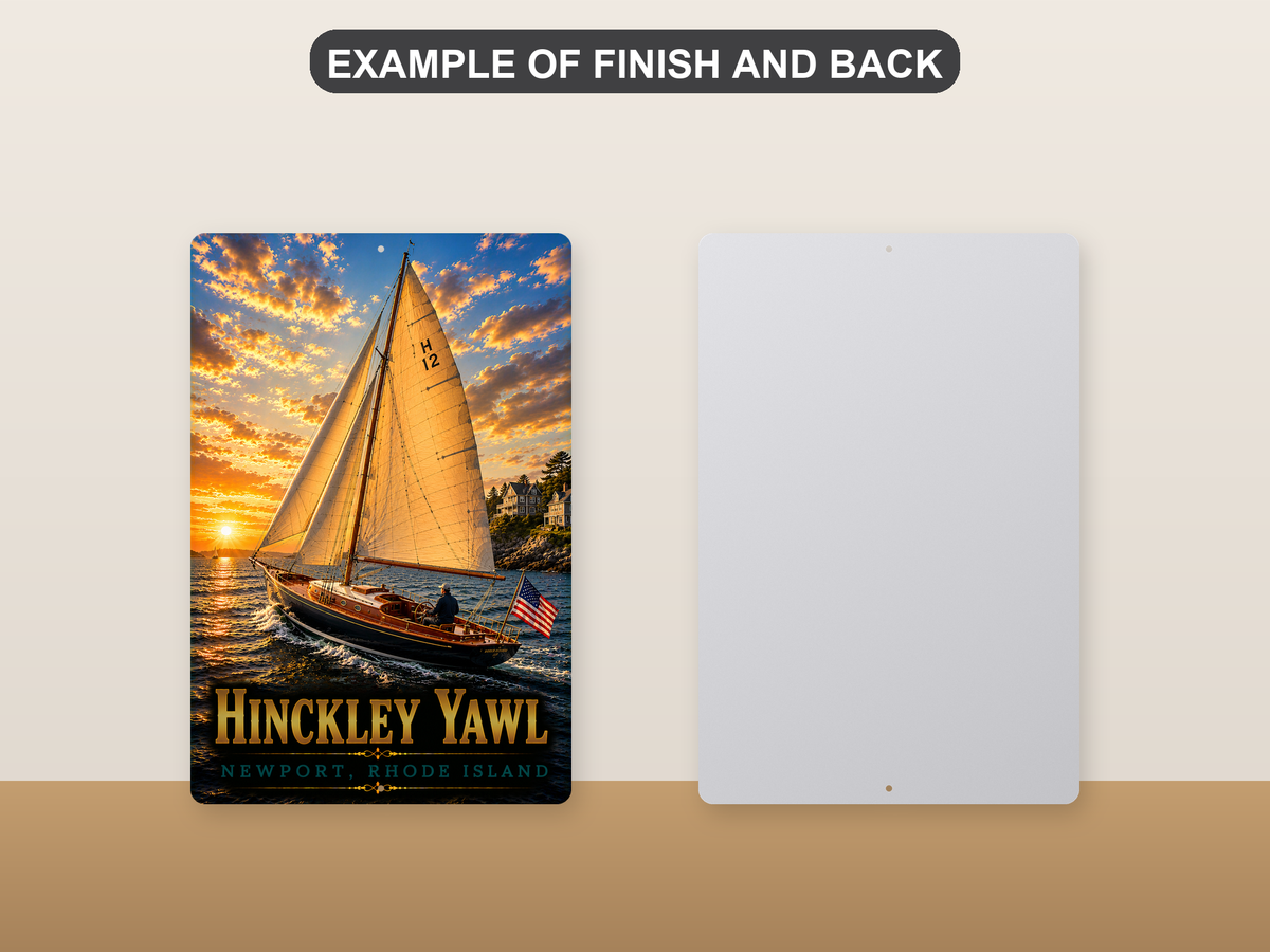 Front-and-back comparison card showing Hinckley Yawl Newport lettering and a sailboat with H12 on its golden sail on the printed sign beside its plain metal back.