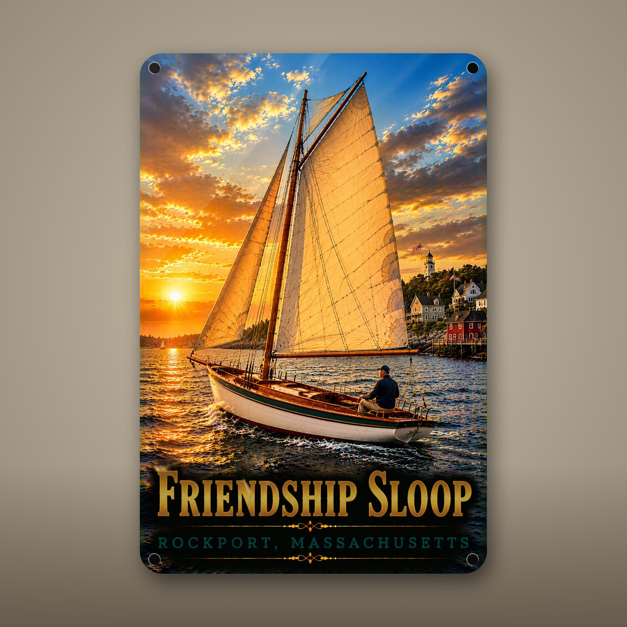 Friendship Sloop Metal Wall Art, Aluminum Sign, Rockport Massachusetts Nautical Decor, Sailboat Wall Hanging, Coastal Gift